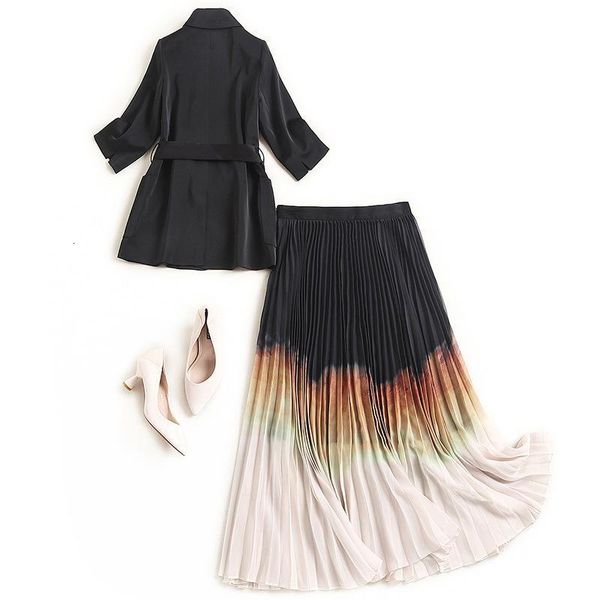 

women office satin blazer pleated skirt set spring summer double breasted jacket and gradient long skirts two piece outfits, White