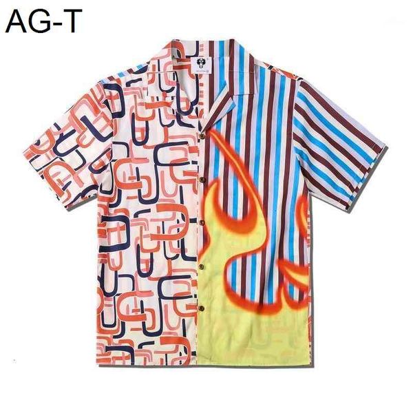 

flame stripe patchwork vintage shirts street fashion men's shirt summer hawaiian shirt s-xl1, White;black