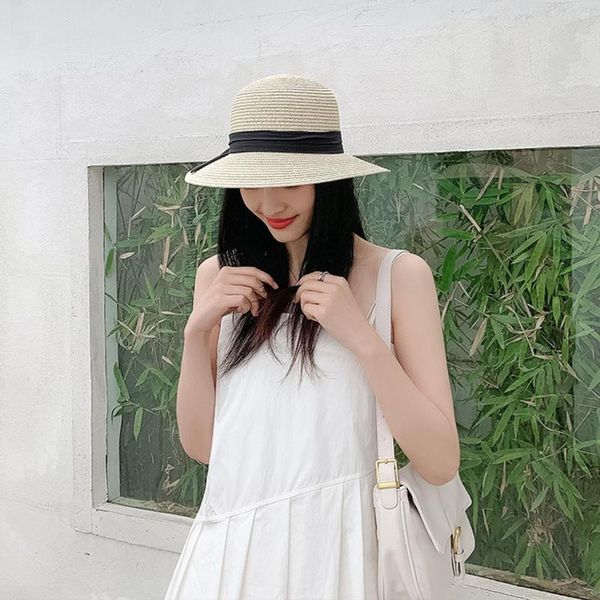

wide brim hats panama hat simple summer beach female casual lady women flat bowknot straw cap girls sun chapeu feminino 2021, Blue;gray