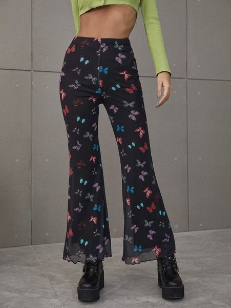 

glamaker butterfly print lettuce trim flare leg pants 72lh#, Black;white