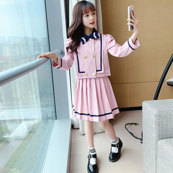 

children's skirt and set preppy style teenage girl long sleeve coat+pleated skirts sets students kids clothes girls outfits clothing, White