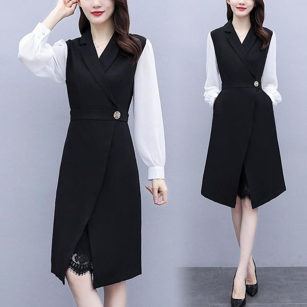 

casual dresses womens 2021 autumn plus size l-5xl dress xxl xxxl 3xl xxxxl 4xl black white lace patchwork party slim office work, Black;gray