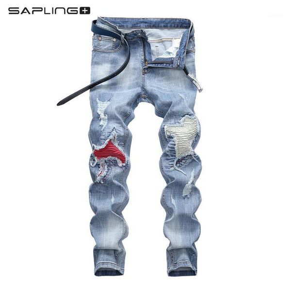 

men's jeans men casual ripped washed straight slim pleated motorcycle biker pants male denim trousers plus size 42, Blue