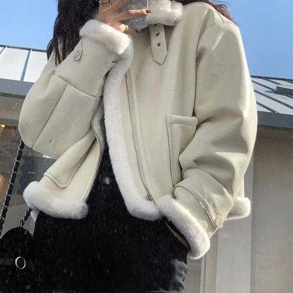 

women's fur & faux women autumn winter lamb sheepskin coat sheep shearing jacket female casual warm outerwear q56, Black