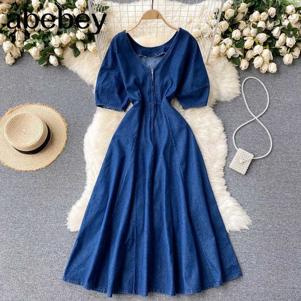 

denim dress women retro v neck dress summer chic ruched a-line midi dress 210715, Black;gray