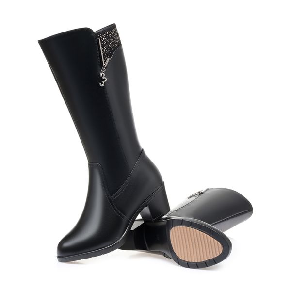 

womens snow boots high-heeled winter new genuine leather women high boots wool warmth fashion shiny lady riding boots9690, Black