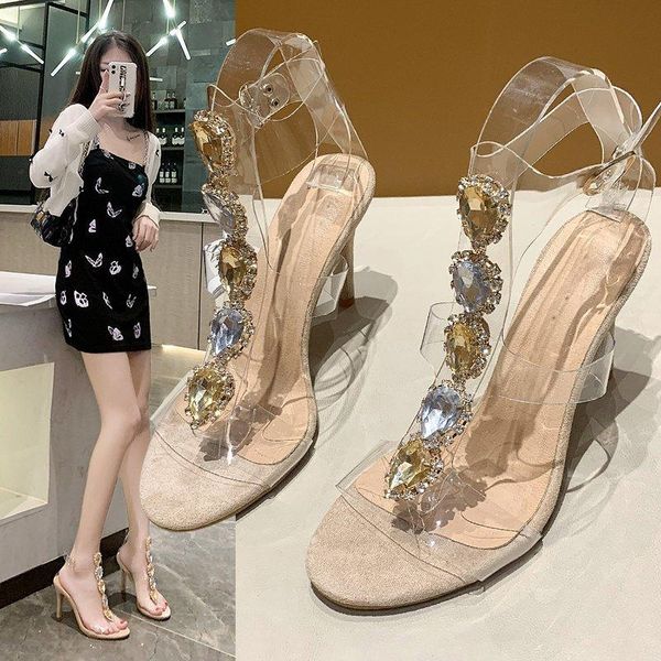 

sandals koovan women's high heel 2021 fish mouth transparent diamond stiletto female fashion for girls shoes, Black