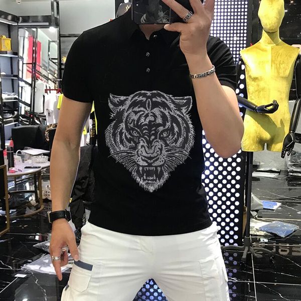 

men's t-shirts high male fashion super elasticity funny lapel short sleeves thin tiger heavy strass industries teen polo shirt 1bch, White;black