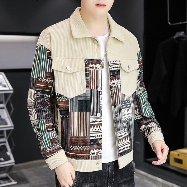 

men's jackets 2022 autumn side seam sidekick corduroy casual jacket teenagers lapel single breasted color matching, Black;brown