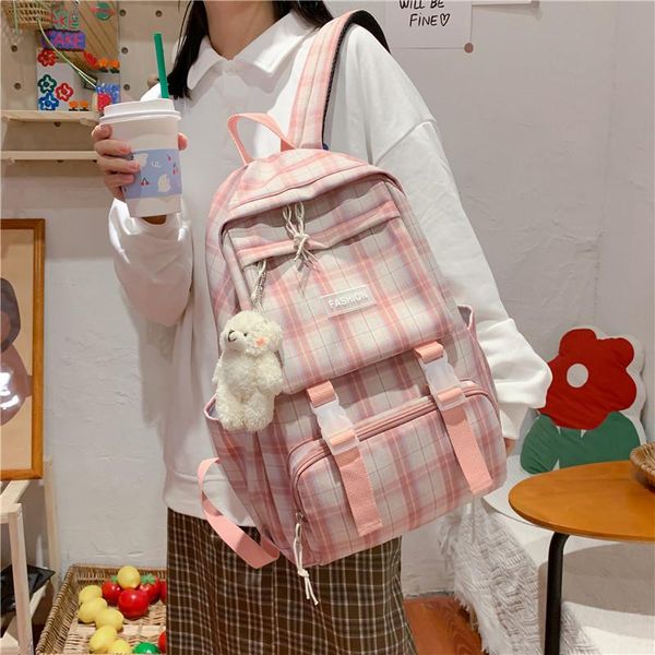 

teen girl school backpack women fashion plaid nylon college wind book bags 2021