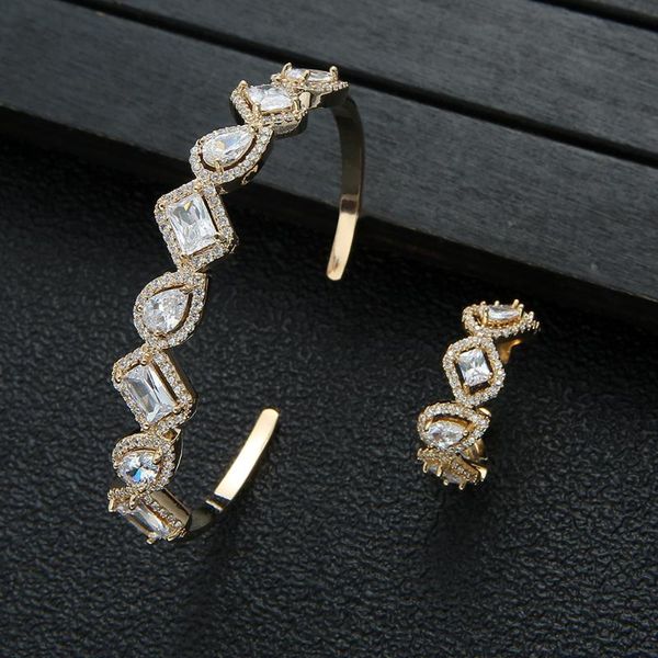 

earrings & necklace hibride luxury 2pcs bracelet and ring set geometric design micro pave cubic zirconia jewelry sets for women bridal weddi, Silver