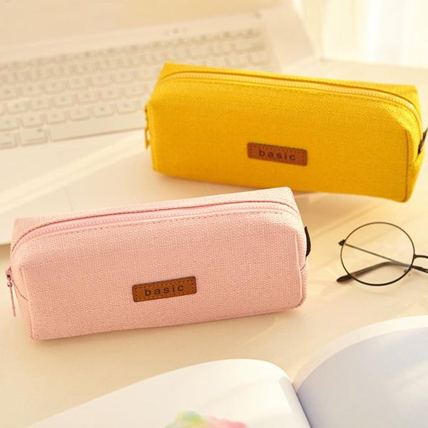 

pencil bags simple square case cotton and linen pure color zipper office school stationery storage box student supplies