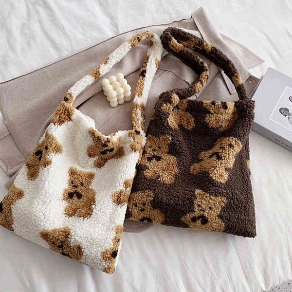 

women lamb like fabric shoulder tote bag canvas fluffy fur bear handbags large capacity soft shopping s girls cute school