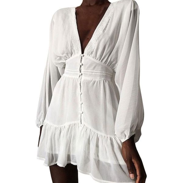 

casual dresses 2021 fashion elegant a-line dress women puff long sleeve v neck ruffle slim mini holiday spring autumn, Black;gray