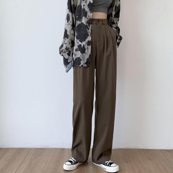 

women's pants & capris korean long straight trousers women casual loose wide leg plus size elegant pockets office lady brown suit m375, Black;white