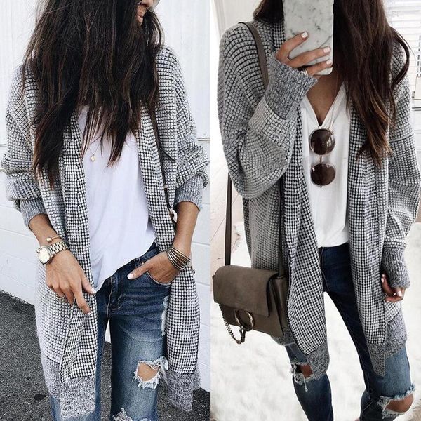 

women's wool & blends fashion check long cardigan coat jacket ladies casual autumn sleeve outwear black and white grid vula