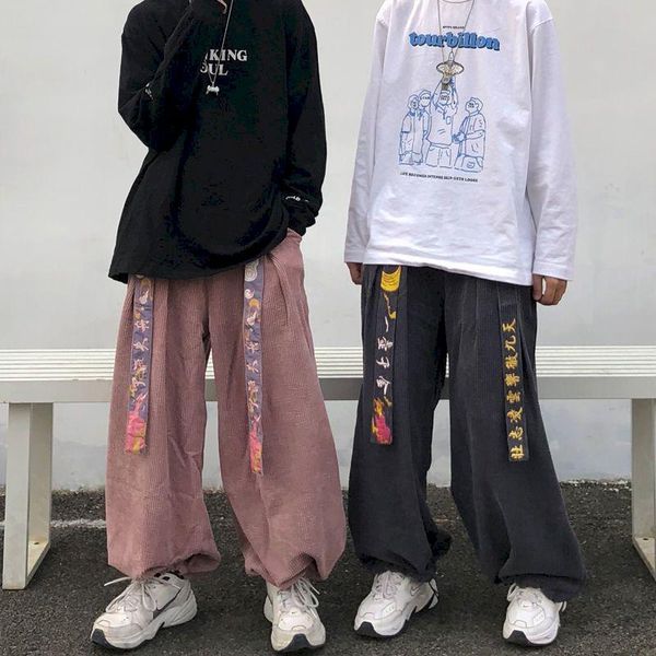 

women's pants & capris 2021 autumn models trendy super fire retro hong kong style corduroy wide-leg for men and women loose embroidered, Black;white
