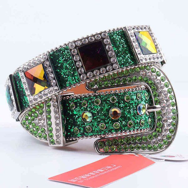 

green square diamond luxury western belts fashion rhinestone studded belt for women men cinto waist ceinture femme aa220312, Black;brown
