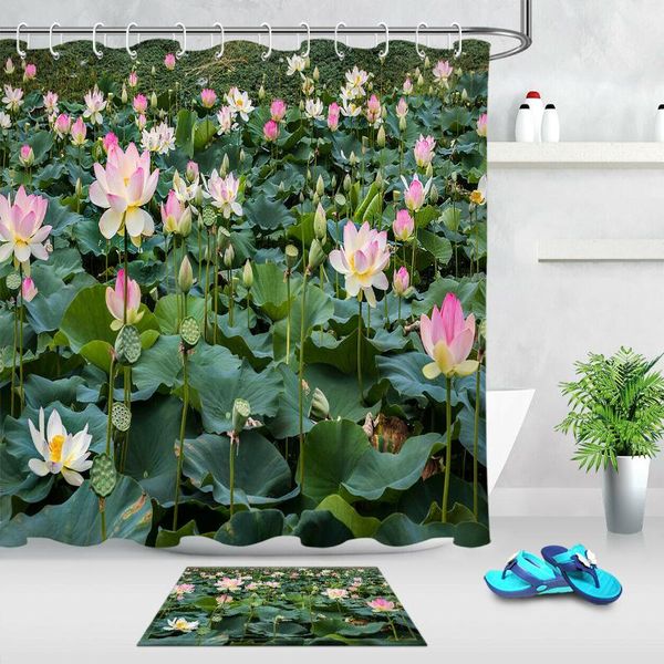 

shower curtains summer blooming lotus pond fabric curtain set bathroom w/12 hooks