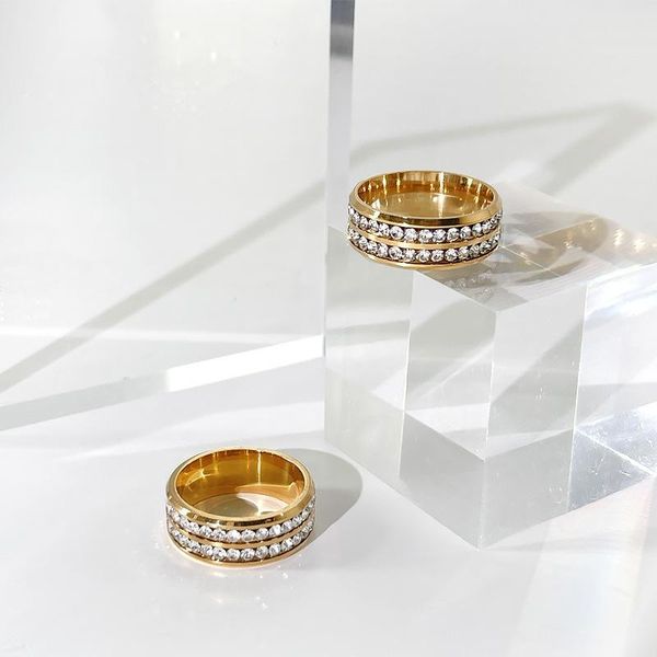 

cluster rings minar delicate sparkly pave rhinestone double row for women gold chunky titanium steel jewelry wedding engagement ring, Golden;silver