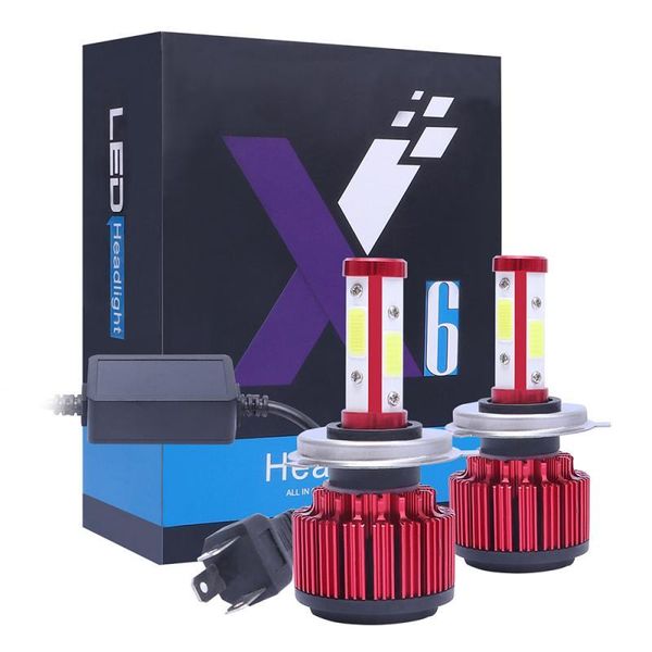 

car headlights led h4 x6-cob 4-sides headlight kit hi/lo power bulb 6500k 8000lm fog bulbs accessories