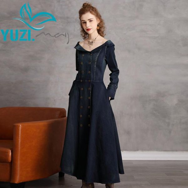 

casual dresses woman dress 2021 yuzi.may boho thicken denim women v-neck double breasted a-line swing hem vestidos a82275 vestido, Black;gray