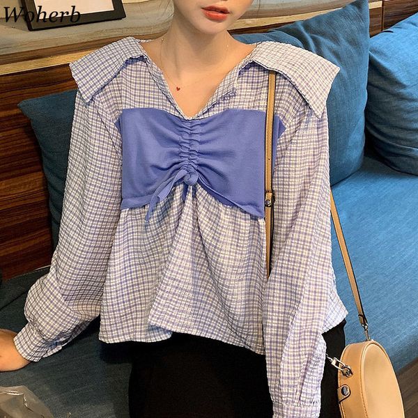 

woman shirt plaid pleated blouse korean chic all match casual loose blusas mujer de moda verano elegantes 210422, White