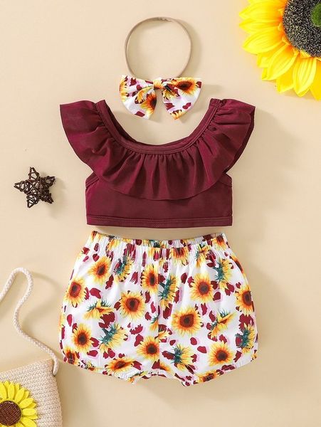 

baby ruffle trim & floral print shorts & headband she, White