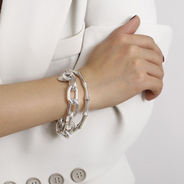 

charm bracelets 2/pcs set gold color metal chain link creative bamboo bracelet bangle 2021 fashion punk women party, Golden;silver