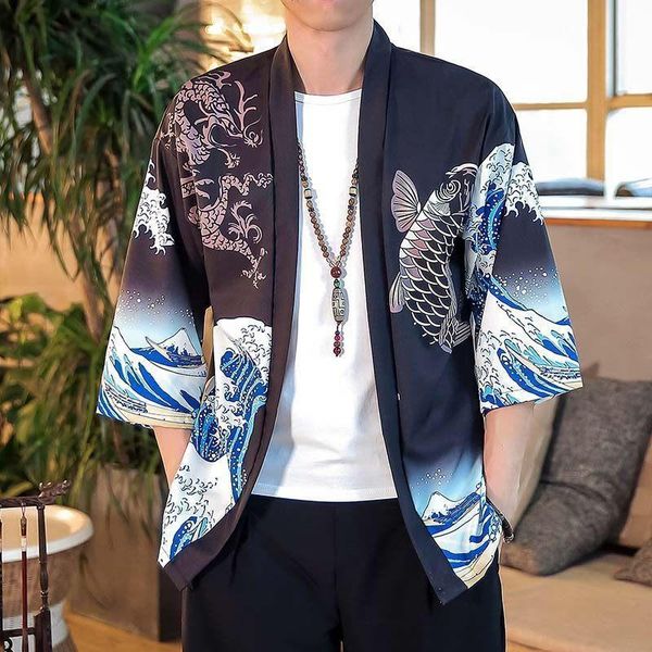 

ethnic clothing japanese vintage ukiyo-e robe wave carp print kimono for men and women loose five-point sleeve hawaiian fashion haori shirt, Red
