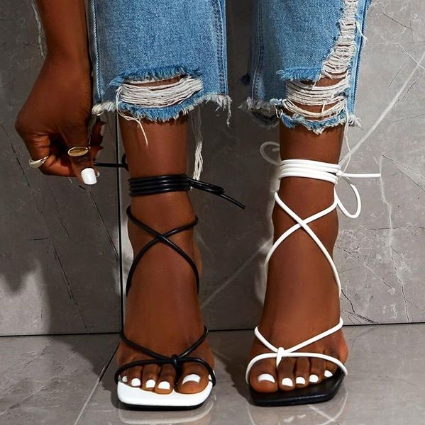 

sandals 2021 fashion lace up women square toe thin heel cross tied party shoes high 9cm black white size 35-42