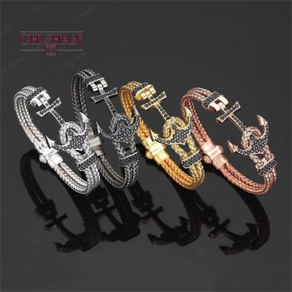 

chuhan trendy charm stainless steel rose gold anchor bracelets men black bangle luxury rock hip hop jewelry j84-a, Golden;silver