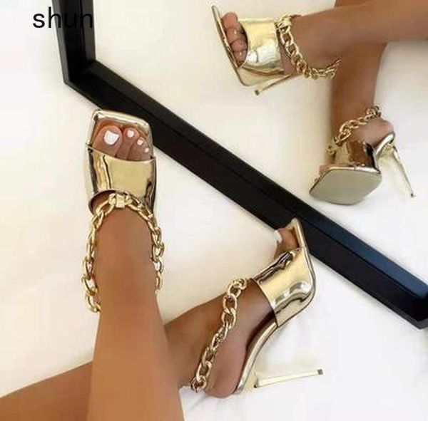 

sandals gold chain strap square toe shoes slipper women high heels fashion solid style big size peep open, Black