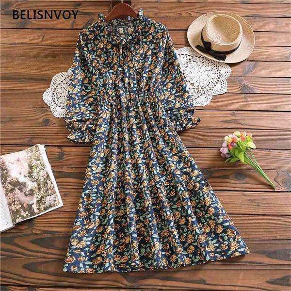 

4 colour mori girl floral printed dress fashion women ruffled autumn winter warm corduroy vintage dresses female clothes 210520, Black;gray