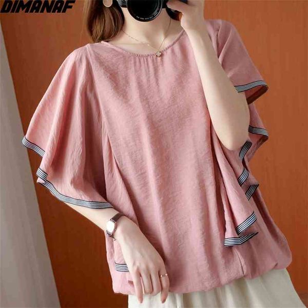 

summer plus size blouse shirts women clothing cotton casual loose young lady tunic fashion butterfly sleeve solid 210531, White
