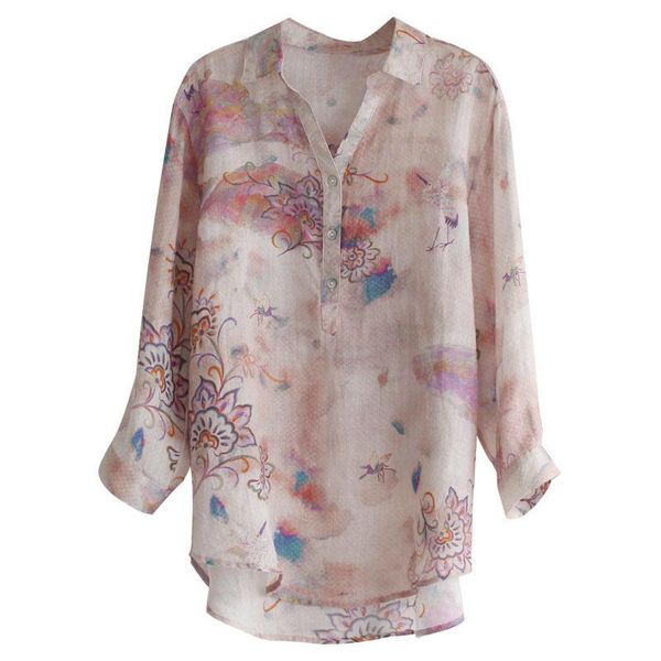 

women's blouses & shirts 9145 summer clothes retro artistic three-quarter sleeve digital printing shirt thin casual ramie top, White