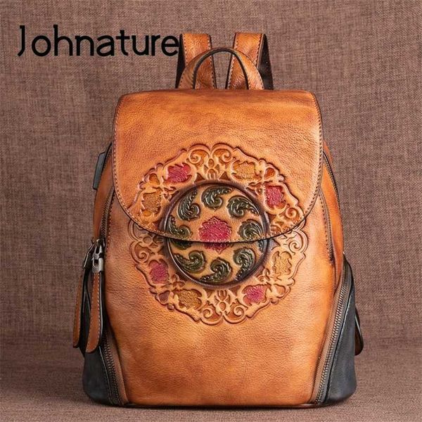 

johnature retro first layer cow leather backpack women bag handmade embossing large capacity genuine bagpack 211211
