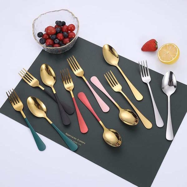

spoons salad dessert scoop fork set stainless steel gold rice soup spoon cutlery teaspoon dinnerware