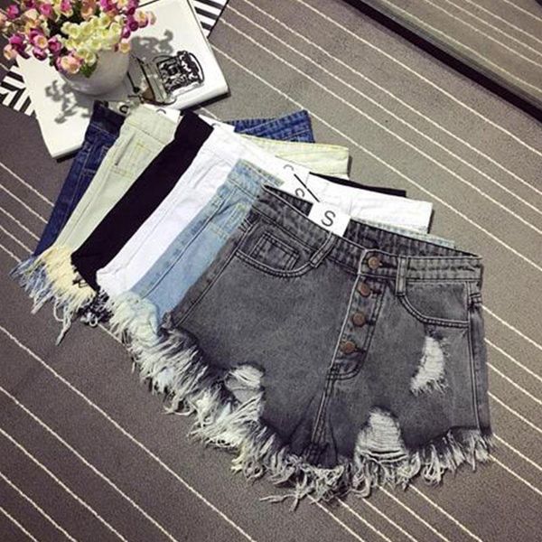 

denim jeans pockets jean womens shorts with fringes summer ripped, White;black
