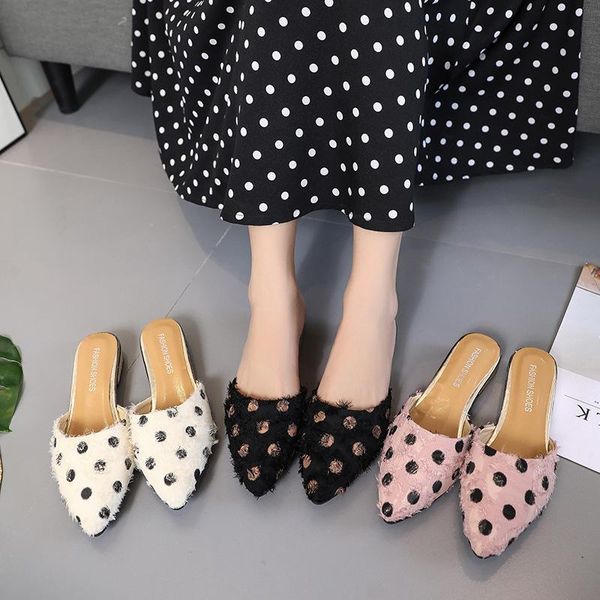 

summer silk dot high heel ladies sandals slip small heels 2021 fashion slippers, Black
