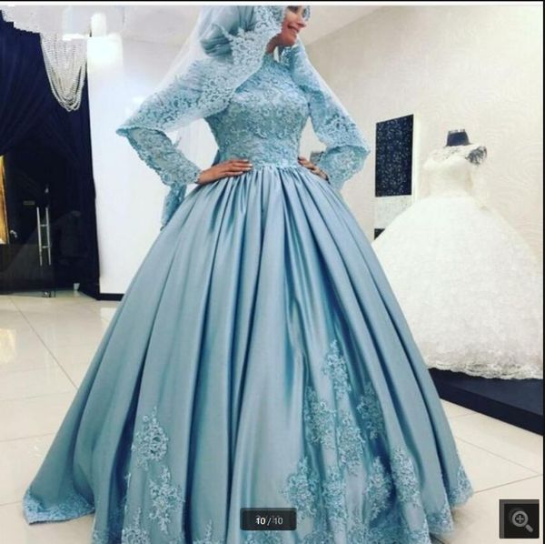 

2021 modest blue muslim hijab prom dress long sleeves high neck beaded lace party dresses elegant dubai formal princess puffy vintage sweet, Black