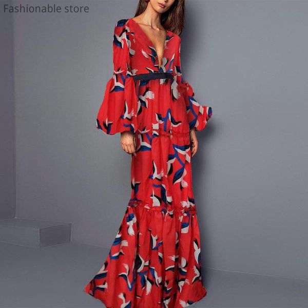

casual dresses deep v neck lantern sleeve maxi dress women elegant floral print vintage party, Black;gray