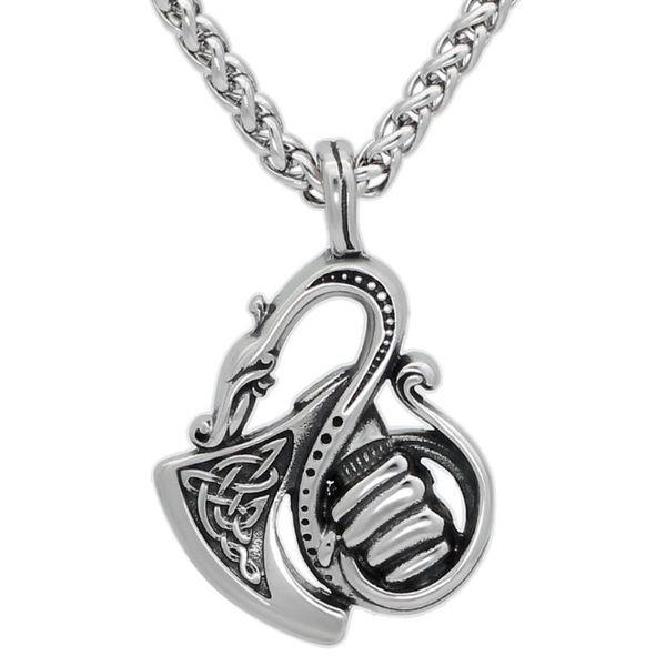 

pendant necklaces men stainless steel norse viking axe rune talisman necklace with figt bag, Silver