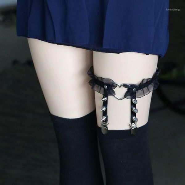 

women girls rock punk garter belt rivets leg ring thigh harajuku heart lace pu leather vintage suspenders harness belts, Black;white