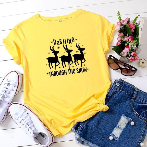 

women's t-shirt summer multicolor clothes christmas deer print oversized o-neck short sleeve women, White