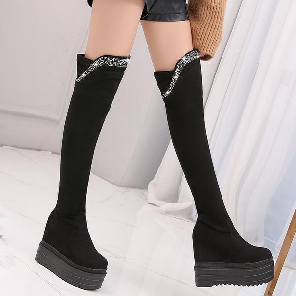 

within increase long boots 13 cm super high-heel womens winter wedges over-the-knee elastic high tube, Black