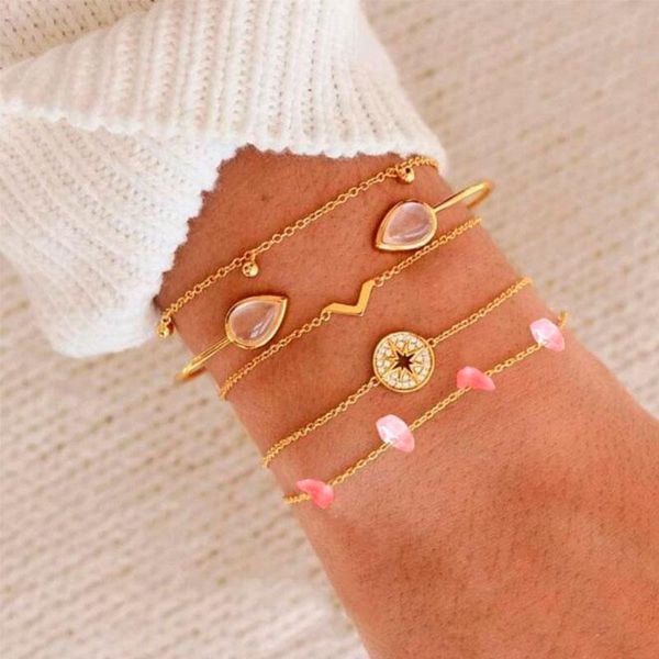 

charm bracelets 5 pcs/set water droplet crystal inlay round bead charms set for women gold metal chain bracelet multi-layer jewelry, Golden;silver