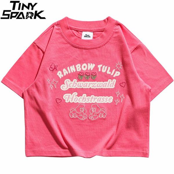 

hip hop streetwear t-shirt women embroidery dog flower letter print t shirt harajuku cotton summer short sleeve tshirt women's, White