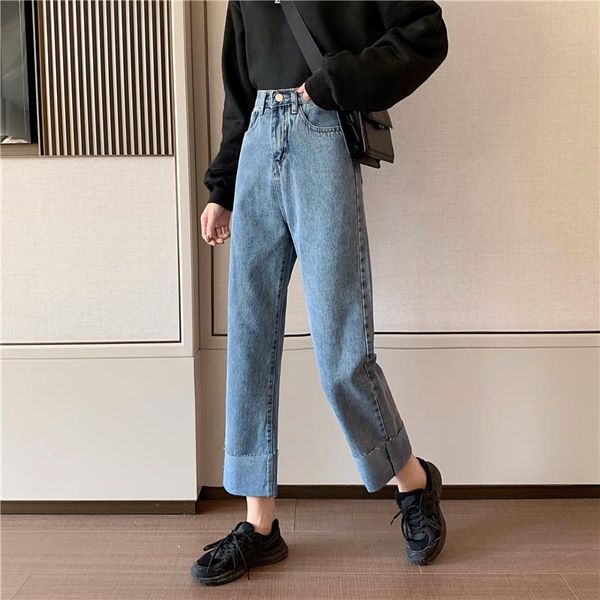 

women's jeans high waist loose nine point wide leg denim pants straight thin rolled women blue patchwork chic trousers ladies