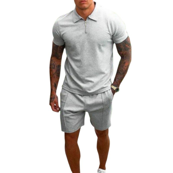 

men's tracksuits 2021 summer fashion lapel solid color casual short-sleeved t-shirt shorts two piece set, youth fitness sweatshirt s-3x, Gray
